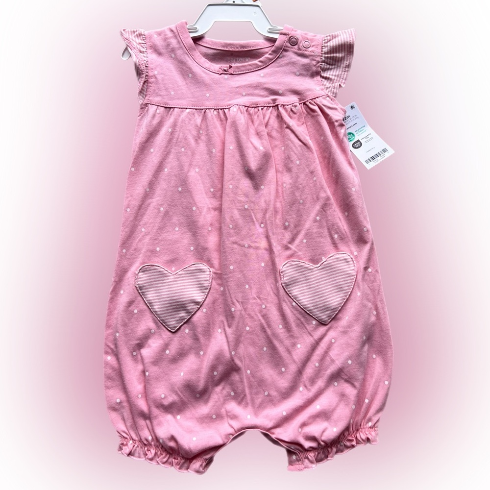 NWT Carter’s Pink Heart Pocket Romper 12M